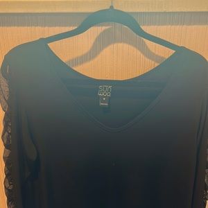 Clara Son Woo black V neck tunic with festive sheer ruching sleeves. Sz M